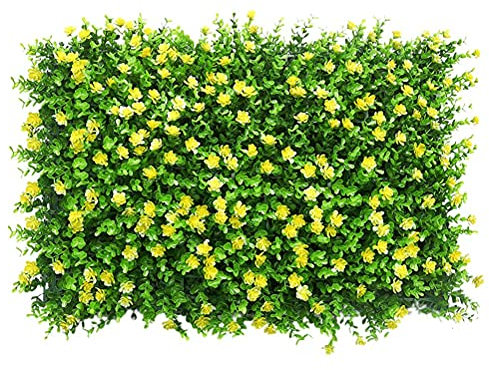 Yusat Künstliche Buchsbaum-Hecke, Kunststoff, grüne Blätter, Sichtschutzzaun, 40 x 60 cm, künstliche Efeuwand, grünes Gras, Hintergrund für Balkon, Hinterhofdekoration (Gelbe Gürtelblume Eucaly)