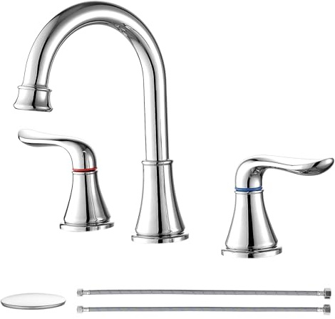 GENBONS Weit verbreitete Waschbecken Wasserhahn 8 Zoll Chrom Badezimmer Wasserhahn 3 Loch Doppelgriffe Badezimmer Armaturen mit Pop Up Abfluss und cUPC-Wasserhahn Versorgungsleitungen
