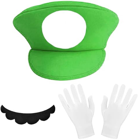 YOUYIKE Mario Luigi Kostüm Accessories, 3 Stück Super Mario Cosplay Kostüm Accessorie, mit Grün Mützen, Handschuhen Klebe-Bärten für Faschingkostüme Damen Herren Kind Halloween Outfits Karneval Kostüm
