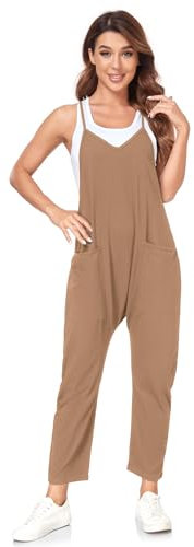 VUTRU Stylischer Damen Sommer Overall – Ärmelloser Jumpsuit mit lockerer Passform,V-Ausschnitt,trendy Spaghetti-Träger und praktischen Taschen für einen bequemen und modischen Look Khaki XL