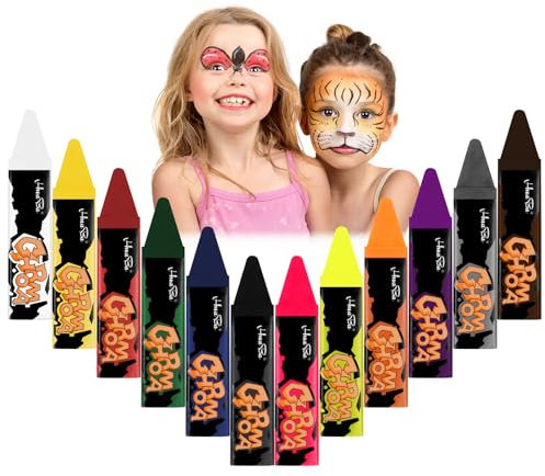 AOOWU Crayones de Pintura Facial, 12 Colores Pintura de Cara para Niños (Contiene colores fluorescentes), Crayones de Maquillaje Ideal para Halloween Navidad Cosplay Fiesta y Día del Niño