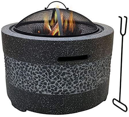 Feuerstelle, Feuerstelle für den Außenbereich und Grill, runde Form, Einfassung aus MgO-Kunststein für Außenterrassen, Lavasteine, groß, 3 in 1