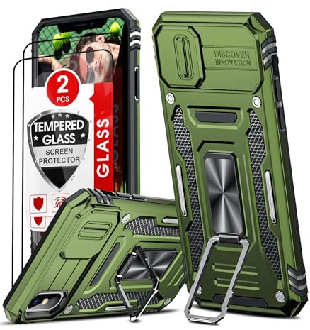 LeYi for iPhone XS/iPhone X Case with Camera Lens Cover Slider, 2 Screen Protectors, Ring Stand Military Shockproof Armour Phone Cover for iPhone X/XS, Green