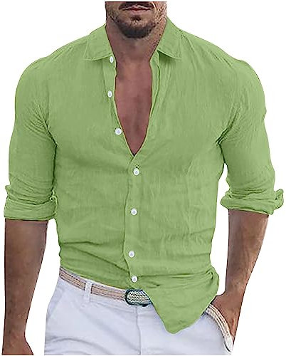 Men Linen Shirt UK Solid Button Down Long Sleeve Business Formal Dress Shirts Turn Down Blouses Summer Beach Casual Loose Fit Tops Office Work Shirts Comfortable Cotton Linen Tops S-3XL