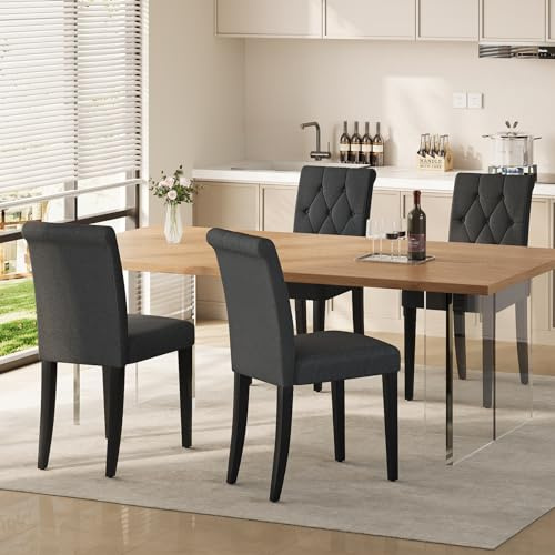 Welzona Upholstered Dining Chairs Set of 4, Button Tufted Parsons Dining Chair with Solid Wood Legs, Modern Fabric Side Chair for Dining Room/Kitchen/Restaurant/Hotel- Black