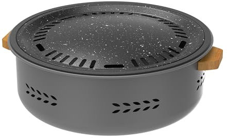 Cuisiland Barbecue portatile a carbonella con padella antiaderente in omaggio, rotondo, da tavolo, stile coreano e giapponese, per uso interno ed esterno, con ventilazione del flusso d'aria e manici