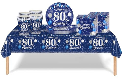 Partygeschirr zum 80. Geburtstag, Tischdecken, Teller und Servietten, Becher-Sets für Damen, Herren, Tischdekoration, Tischdekoration zum 80. Geburtstag, Geschirr, 53 Stück