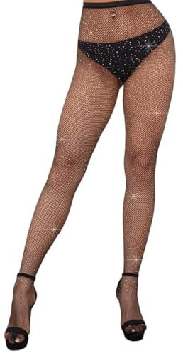 QEDBOJE Medias de Red Brillantes de para Mujer con Pedrería para Apariciones Elegantes (Negro)