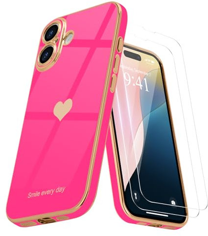 Teageo for iPhone 16 Case with 2 Screen Protector Heart Pattern for Women Girls Luxury Bling Plating Soft TPU Anti-Scratch Shockproof Bumper Phone Case for iPhone 16, Hot Pink