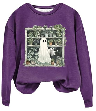SRTUMEY Top da donna Primavera Autunno Maglione Top Donna Autunno Girocollo Halloween Piccolo Diavolo Pianta Stampa Allentato Casual Manica Lunga Felpa con Cappuccio Vendita, Viola, XL