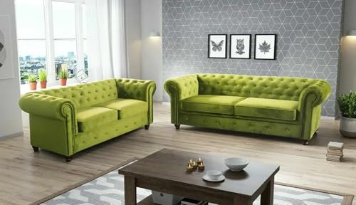 Easy4You Chesterfield Hellgrüner Plüsch Velvet Set 3-Sitzer + 2-Sitzer Sofa Sofas für Wohnzimmer Sofagarnituren mit Holzfüße Set Sofas & Couches