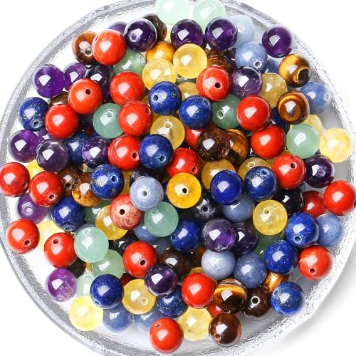 QINJIEJIE 7 Chakra Mehrfarbig Perlen 105 Stück 8mm Edelstein Perlen Zum Basteln Runde Mehrfarbig Naturstein Beads für Armbänder Erwachsene DIY Halskette Schmuckherstellung