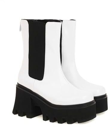 ENWIND Donna Blocco Tacco Moda Stivaletti Anfibi Platform Elastico Stivali Chelsea,Bianca,42 EU