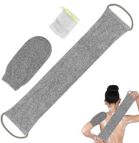 3 Stück Rückenschrubber für Dusche Bambusfaser Peeling Scrubber Schwamm, Bambusfaser Rückenbürste Massagehandschuh mit Rücken mit Mitt mit Seifenbeutel(Grau)