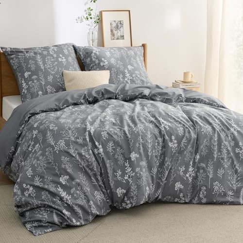 BEDSURE Ropa de cama de 155 x 220 cm, algodón gris, juego de ropa de cama de 155 x 220 cm, funda nórdica de 3 piezas con 2 fundas de almohada de 80 x 80 cm, certificado Öko-Tex reversible, diseño de