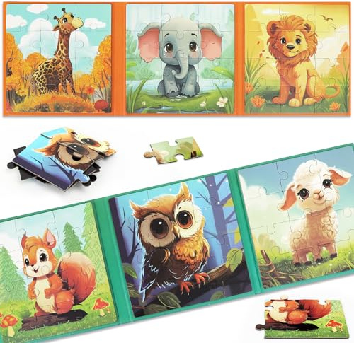 SOLTIRA Magnetpuzzle ab 3 Jahren,Tiere Kinderpuzzle 2 Sets | 3-in-1 Magnetisches Puzzle,BeschäFtigung für Kinder alter 3-5 im Autofahrt,Flugzeug AktivitäTen,Geschenke für Mädchen ab 3