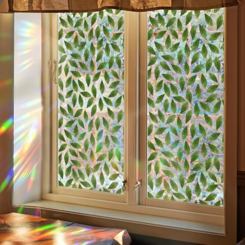 GORGECRAFT 100x43cm Rainbow Window Privacy Film Leaves Decorative 3D Static Leaf Stained Window Glass Cling Suncatcher Window Cover Non-Adhesive Reusable Sun Blocker Window Decals for Room Home