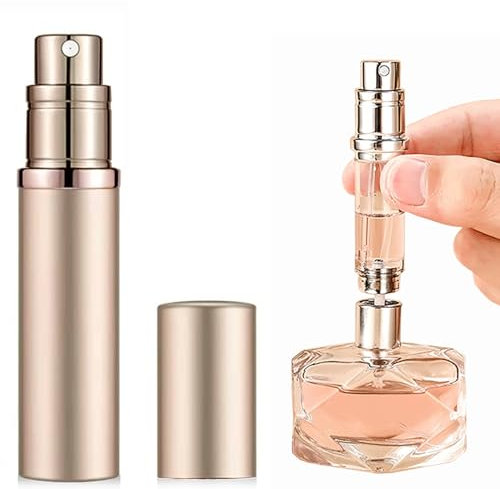 POTWPOT Perfume Atomiser, 5ML Refillable Perfume Spray Bottle Travel Size, Nano Mist, Bottom Pump, Leak Proof Cologne Dispenser for Women and Men (Golden)