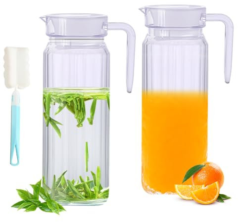 Juice Jugs with Lid for Fridge, HOVCEH 2 Pack Acrylic Pitcher Jug with Lid and Handle, 1.1L Clear Water Juice Container Fridge Door Jug, Unbreakable Pitcher for for Cocktail, Milk, Juice, Tea