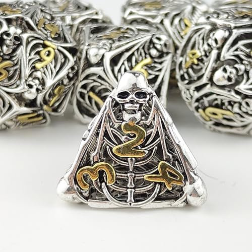 Dungeons and Dragons polyedrisches Würfel-Set mit Totenkopf-Motiv, aus Metall, für D&D, TRPG, MTG, Pathfinder, Tischbrett-Rollspiele, D4, D6, D8, D10, D%, D12, D20 (Silber)