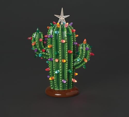 Roman 12.5-Inch Lighted Vintage Cactus Christmas Tree – Festive Tabletop Holiday Decoration for Southwestern or Retro-Inspired Décor