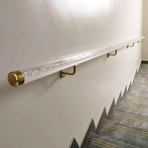 Clear Acrylic Staircase Handrail Kit with End Caps & Brackets, Indoor Outdoor Stairs Handrail for Wall/Acrylic Stair Balusters, Safety Stair Railing Grab Bar(Gold Bracket,220cm/7.2ft)