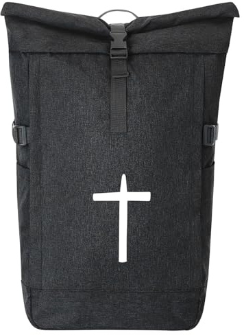 Huuraa Kurierrucksack Kreuz Christentum 30-44 Liter Black Melange Fairtrade Rolltop Rucksack Geschenkidee