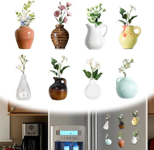 LUMOOM 8 mini jarrones magnéticos, imanes 3D para nevera, jarrón magnético para nevera, mini jarrones de flores de resina, imanes de nevera, decoración para cocina y oficina