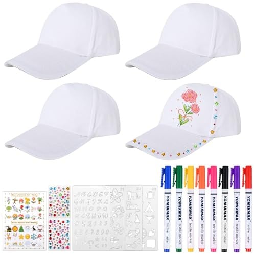 guobinZH DIY Kappe Weiß Baumwolle Baseballcap Kinder Kappen zum Bemalen Sport Baseballmützen für Kinder mit 8 Aquarellstiften Graffiti Kappe Bastelset für Geschenkideen Jungen Mädchen mit Geschenkbox