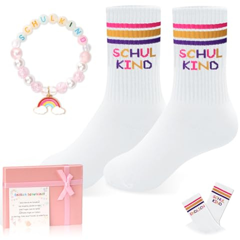 Schulkind Geschenk Einschulung 2026 Jungen Mädchen Schulkind Socken Baumwolle 25-34 Schulkind Ärmbänder mit Grußkarte Geschenkbox Schulanfang Geschenk Mädchen Schultüte Füllung für 6 Jährige Mädchen