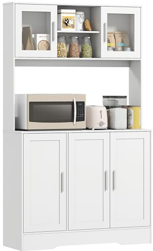 HOMCOM Armoire de Cuisine, Buffet Cuisine Meuble de Rangement scandinave avec placards, Compartiments Ouverts, Portes vitrées et Plan de Travail, pour Salle à Manger, Salon, 108 x 35 x 180 cm, Blanc