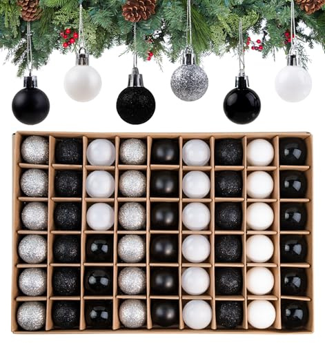 Anstore Set di 54 mini palline di Natale, colore nero, bianco, argento, piccole palline per albero di Natale, 3 cm, con gancio, palline per albero di Natale per decorazioni per albero di Natale