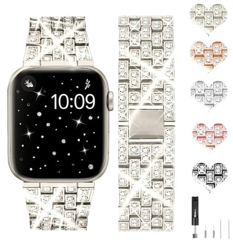 Bracelet Bling à 5 Maillons avec Strass compatible avec Apple Watch 38mm 40mm 41mm 42mm 44mm 45mm 46mm 49mm, Bracelet élégant en Métal pour Femme pour iWatch Série Ultra SE 11 10 9 8 7 6 5 4