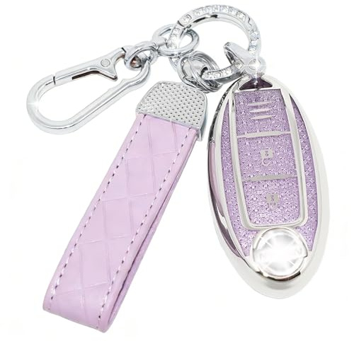 SparkleJoy Coque Clé Voiture TPU avec un Porte-Clés en Cuir,Etui Clé Étui Clé Compatible avec Nissan Qashqai J11 J12 Juke F15 X Trail T32 Micra K13 K14 Infiniti Q50 QX60 EX35 - Smart Key (Violet)