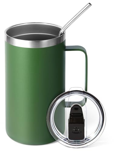 Volhoply 650ml (22oz) Insulated Coffee Mug with Lid and Straw, Stainless Steel Travel Mugs with Handle, Leak Proof Double Wall Coffee Cup for Hot and Cold Drinks (Army Green,1 Pack)