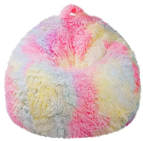 LAHAQIQI Tie-Dye Regenbogen Sitzsack Bezug (Ohne Füllung) – 2-in-1 Kuscheltier Aufbewahrung für Kinder – Flauschiger Langhaar Kunstfell Sessel (70x80cm)