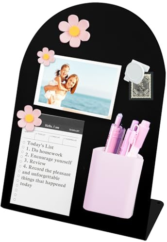 Gachiwar Magnettafel Memoboard, Kaltgewalzter Stahl, Groß, 20 X 10 X 28cm, Magnettafel Schwarz Mit 3 Blumen-Magnetpflaster + 1 Stifthalter + 1 Magnetclip + 50 Haftnotizen (Zufällig) (Schwarz)