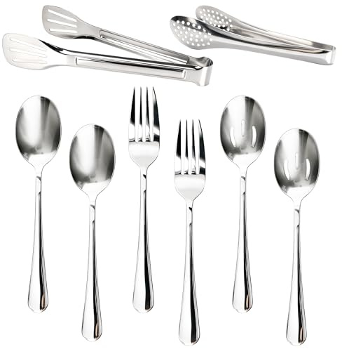 8Pcs Stainless Steel Serving Utensils Set, Flatware Set for Banquet Party | Dinnerware Set for Buffet Catering Entertaining, Spoon Fork Tong Cutlery Set