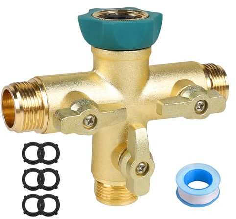 SUPAWAY Distributore per tubo giardino in ottone resistente Raccordo a T a 3 vie 3/4 pollici con valvola indipendenti Distributore ottone per tubi giardino 6 guarnizioni silicone e 1 nastro sigillante