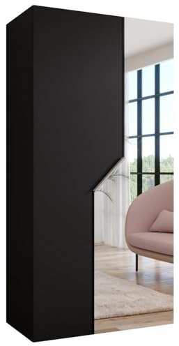MEBLE KRYSPOL - Kleiderschrank - Garderobenschrank - 100 cm x 202 x 52 cm - Schrank mit Kleiderstange und Spiegel, 2 Türen - für Schlafzimmer, Flur - Andrew, Schwarz, Griff Kaschmir