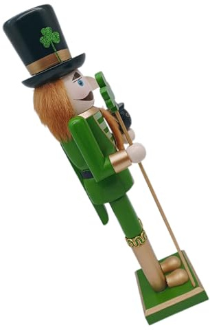 LOLIPPYY Irischer Nussknacker Soldat 38cm Große Weihnachts Nussknackerfigur mit Grünem Kleeblattstab Handbemalt Robuste Festtagsdekoration für St Patrick's Day und Weihnachten