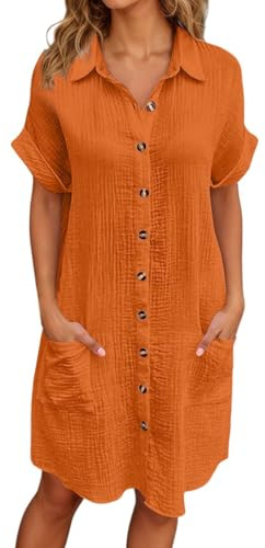 Générique Robe Lin Coton Femme Ete Chic Elegant Tunique Robe Manches Courtes Ample Casuel Couleur Unie Robes avec Boutons Col V Robes De Plage Grandes Tailles Dress pour FêTe Vacances S-4XL