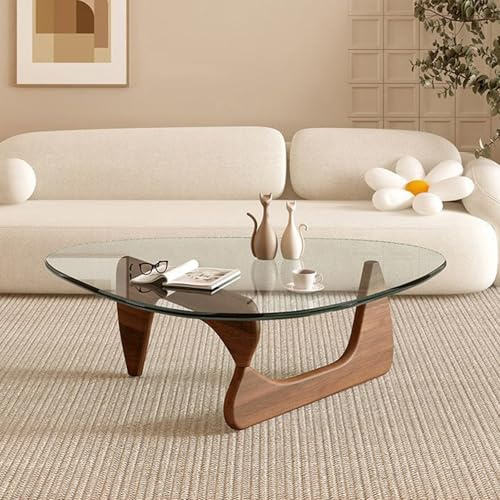TlevadArt Couchtisch Glas, Dreieckiger Sockel aus Massivholz, Modernes Minimalistisches Design, Antikollisions-Abgerundete Ecken, für Wohnzimmer und Büros (Nussbaumregal+Klarglas, 92x65x40cm)