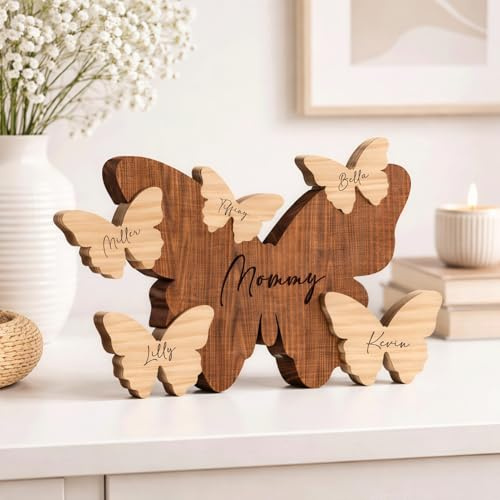Drawelry Personalisierte Holz Familien Puzzle Dekoration mit Familienmitglieder Namen Figuren Gravur Herz Schmetterling Holzkunst Ornament Vatertag für Eltern Mama Papa Oma Opa