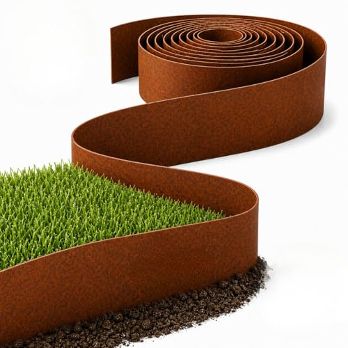 Rori Bordure de Jardin en Acier Corten en Rouleau 10 m – 20 cm Hauteur – Bordure Flexible en Métal – Bord Arrondi Sécurisé – Séparateur de Pelouse et Massif