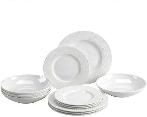 Villeroy & Boch Manufacture Rock Ice 12-teiliges Geschirrset, Teller und Schüsseln, Weiß glänzend, Spülmaschinenfest, Mikrowellensicher, Premium Porzellan, Made in Germany