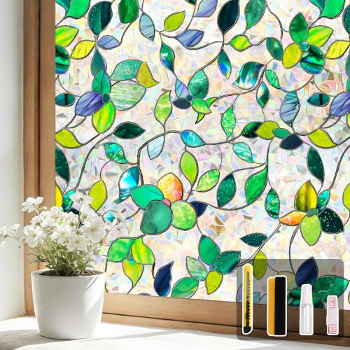 FINNEZ Fensterfolien Selbstklebend Bunt Sichtschutzfolie, Grün 90 x 200cm | Statische Folie, Anti-UV Regenbogen Optik mit Farbige BlätterMotiv Dekofolie für Wohnzimmer Küche Büro