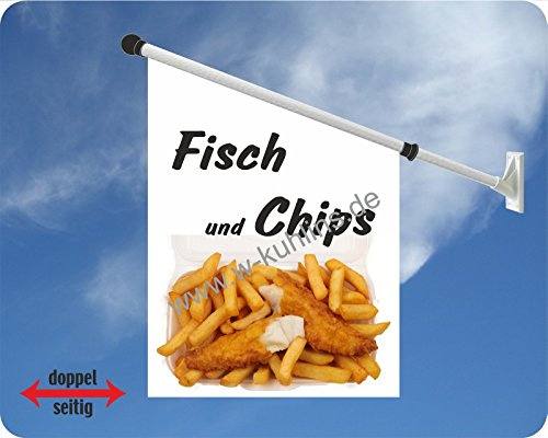 Werbeflagge (Fahne mit über 50 Varianten, Text und Bild, z.B. Eis, Döner, Kaffee, Crepes, Waffeln, Pommes uvm.) Ideal für Kiosk, Restaurant oder Kirmes, weiß (Fisch und Chips)