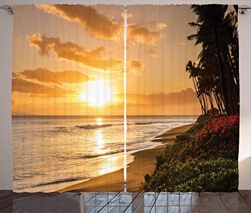 ABAKUHAUS Tropisch Rustikaler Vorhang, Sonnenuntergang am Strand von Sands, Wohnzimmer Universalband Gardinen mit Schlaufen und Haken, 280 x 225 cm, Orange Grün Rosa