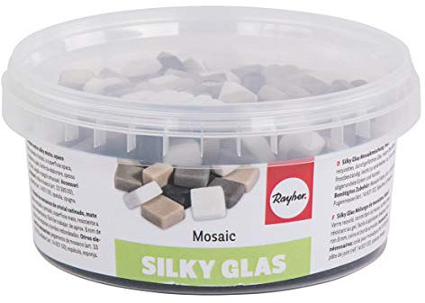 Rayher 14861572 Silky Glas Mosaiksteine, 1 x 1 cm, Oberfläche matt mit samtiger Haptik, Dose 500 g, ca. 250 Stück, Mosaiksteine zum basteln, frostbeständig, mischung grautöne